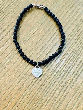 Tiffany & Co. Black Onyx Beaded Bracelet with Silver Heart Tag